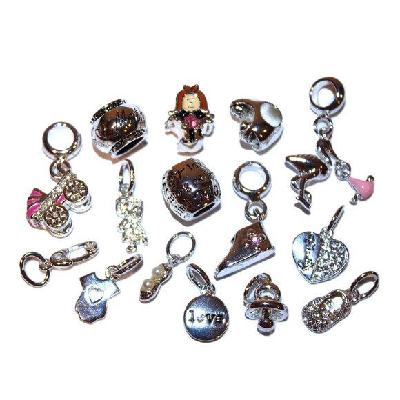 DaVinci Charm Bead Lot of 15 (for bracelets) Baby Girl Mother Mom Pink Silver - Picture 1 of 4